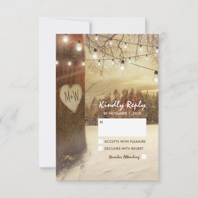Rustic Winter Tree Twinkle lumières mariage RSVP (Devant)