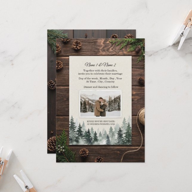 Rustic winter wedding invitation with photo einladung (Vorderseite/Rückseite Beispiel)