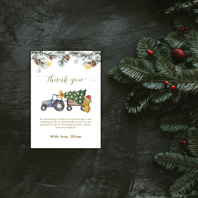 Rustic Winter X'mas Tree Tractor Bear Baby Shower  Dankeskarte (Rustic Winter X'mas Tree Tractor Bear Baby Shower Thank You Card)