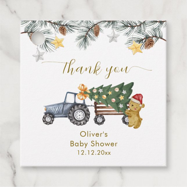 Rustic Winter X'mas Tree Tractor Bear Baby Shower  Geschenkanhänger (Vorderseite)