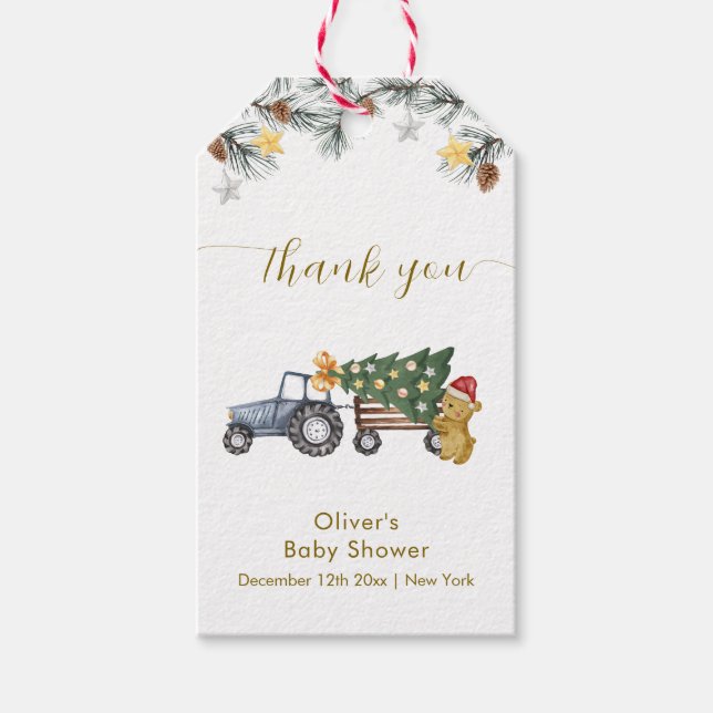 Rustic Winter X'mas Tree Tractor Bear Baby Shower Geschenkanhänger (Vorderseite)