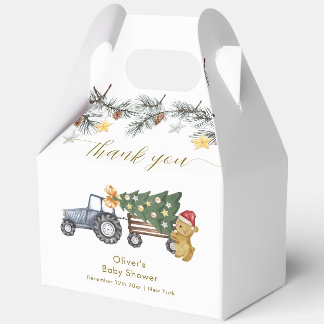Rustic Winter X'mas Tree Tractor Bear Baby Shower  Geschenkschachtel (Vorderseite)