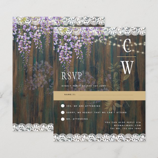 Rustic Wisteria Lights Lights Wood Wedding RSVP (Vorne/Hinten)