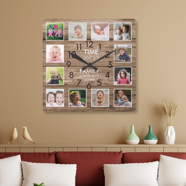 Rustic Wood 12 Photo Collage Family Time Quote Quadratische Wanduhr (Von Creator hochgeladen)