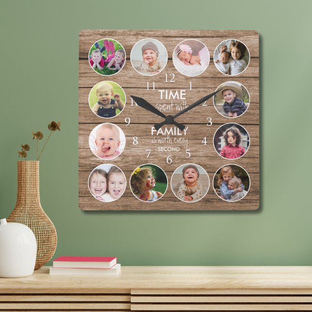 Rustic Wood 12 Photo Round Template Family Quote   Quadratische Wanduhr (Von Creator hochgeladen)