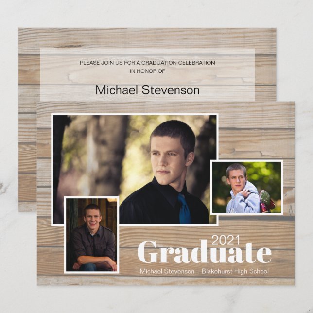 Rustic Wood 3 Foto Graduation Party Einladung (Vorne/Hinten)