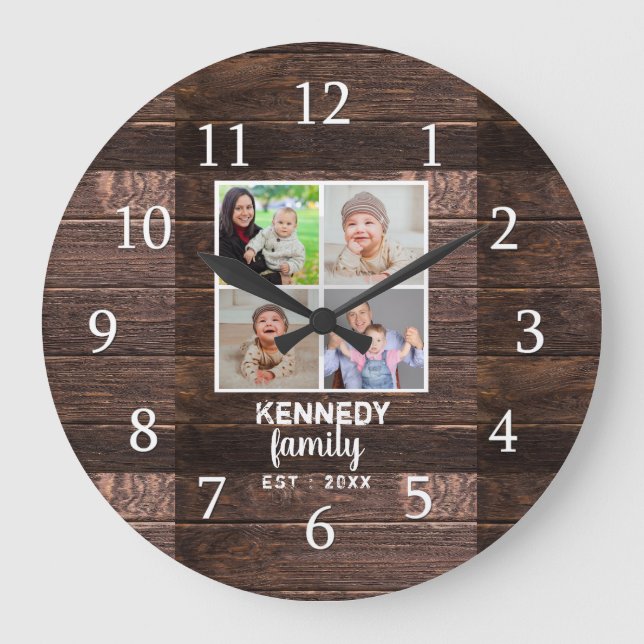 Rustic Wood 4 Family Photo Collage Große Wanduhr (Vorderseite)