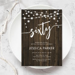 Rustic Wood 60. Geburtstagsparty Einladung<br><div class="desc">60. Geburtstagsfeier Einladung. Rustikales Design mit dunkelbraunem Holzmuster. Klassische Einladungs-Karte mit Feenzeichenleuchten und Skript-Schriftart. Ideal für ein stilvolles 60-tägiges Fest. Personalisieren Sie Ihre persönlichen Daten. Kann für jedes Alter angepasst werden! Gedruckte Zazzle Einladungen oder Sofortdownload digitalen druckbaren Vorlage.</div>