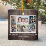 Rustic Wood 6 Photo Collage Christmas Family  Keramikornament<br><div class="desc">Rustic Wood 6 Photo Collage Christmas Family Ceramic Ornament. Rustic dark wood background,  6 photos,  Merry Christmas wish,  family name and year. Add 6 favorite photos and customize the text. Lovely Christmas keepsake or gift for your family and friends.</div>