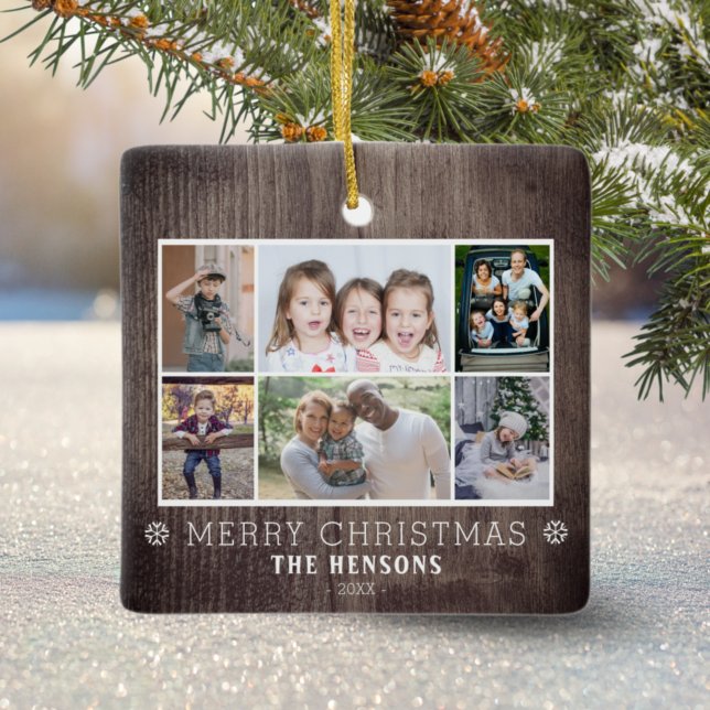 Rustic Wood 6 Photo Collage Christmas Family  Keramikornament (Von Creator hochgeladen)