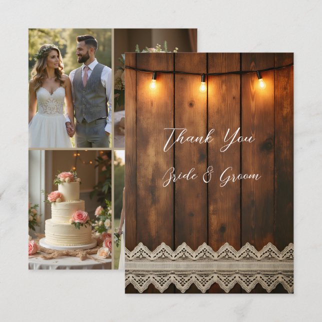 Rustic Wood and Lace Photo Thank you Card Dankeskarte (Vorne/Hinten)