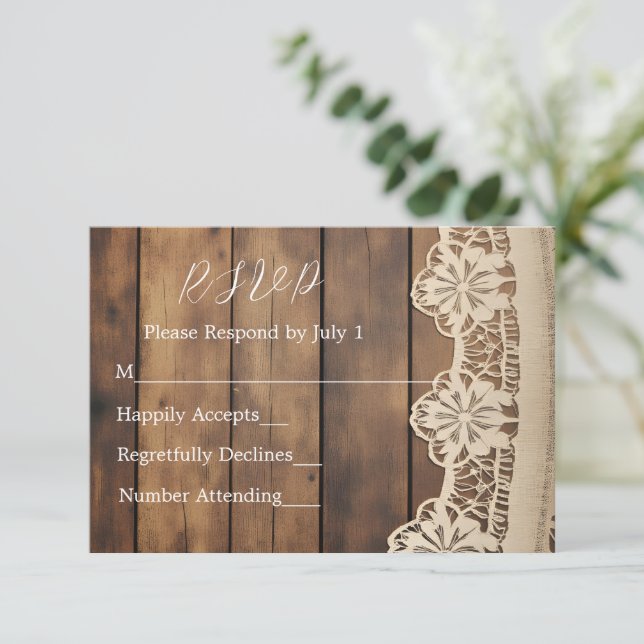 Rustic Wood and Lace RSVP Card (Stehend Vorderseite)