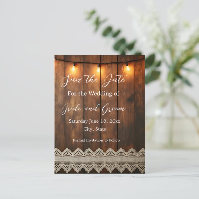 Rustic Wood and Lace Save the Date Postcard Postkarte (Stehend Vorderseite)