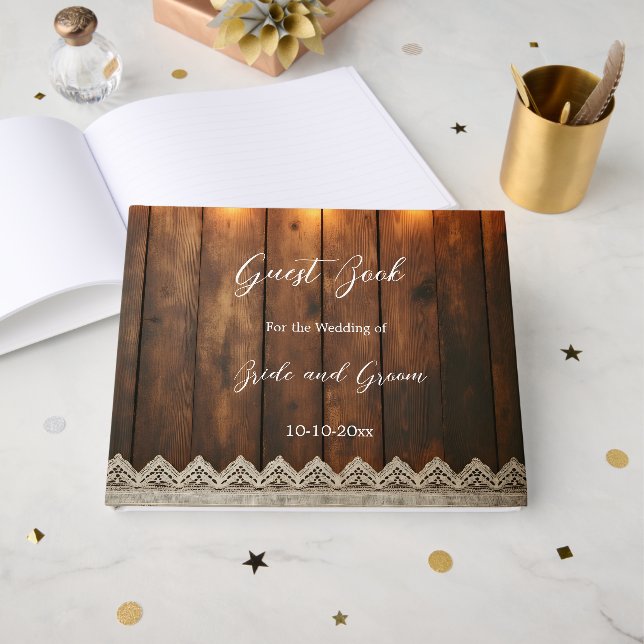 Rustic Wood and Lace Wedding Guest Book Gästebuch (Vorderseite Offen)