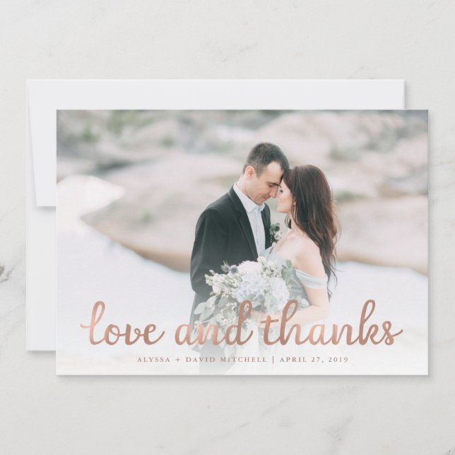 Rustic Wood and Rose Gold Wedding Foto Vielen Dank Dankeskarte (Vorderseite)