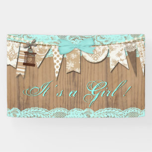 Rustic Wood Aquamarin Blue Lace Girl Babydusche Banner