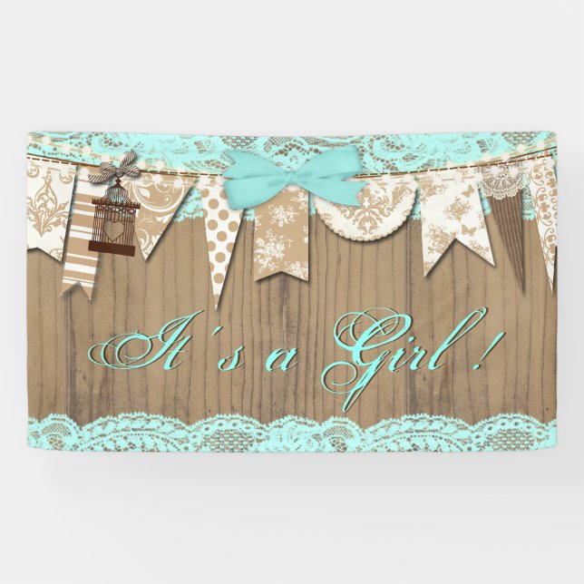 Rustic Wood Aquamarin Blue Lace Girl Babydusche Banner (Horizontal)