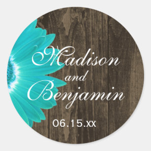 Rustic Wood Aquamarin Daisy Gastgeschenk Hochzeit Runder Aufkleber