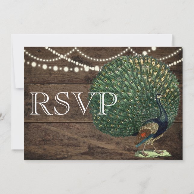 Rustic Wood Aquamarin Feather Peacock Wedding Card Einladung (Vorderseite)
