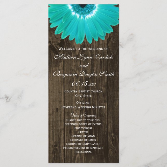 Rustic Wood Aquamarin Gerber Daisy Hochzeitsprogra Programm (Vorderseite)