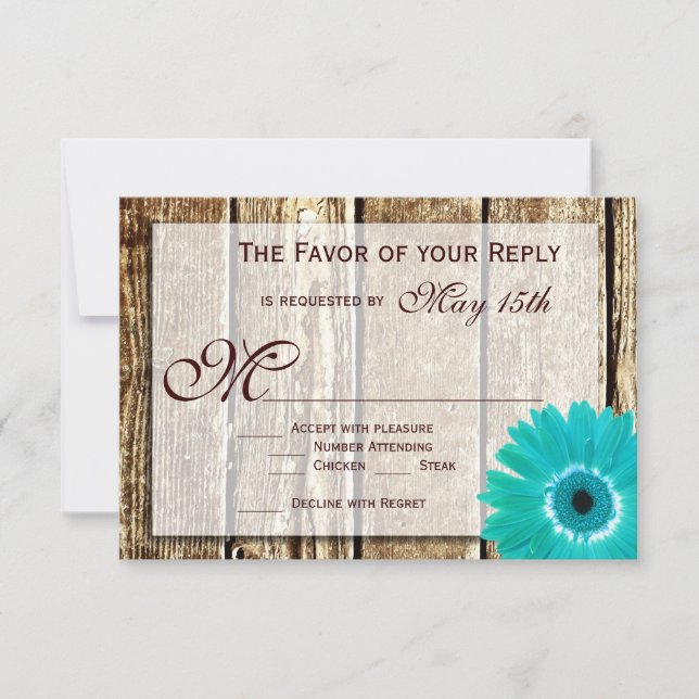 Rustic Wood Aquamarin Gerber Daisy Wedding RSVP Ca (Vorderseite)