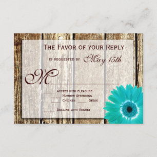 Rustic Wood Aquamarin Gerber Daisy Wedding RSVP Ca Karte