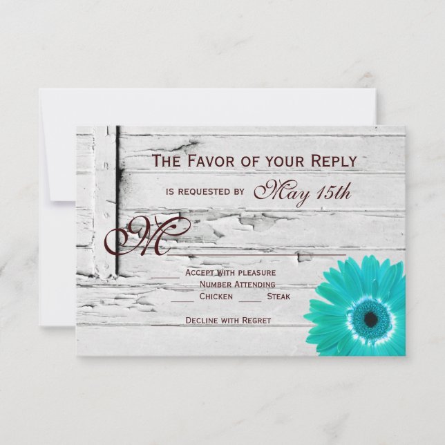 Rustic Wood Aquamarin Gerber Daisy Wedding RSVP Ca Karte (Vorderseite)