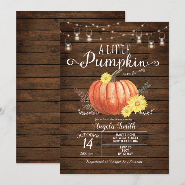 Rustic Wood Baby Dusche Little Pumpkin Einladung (Vorne/Hinten)