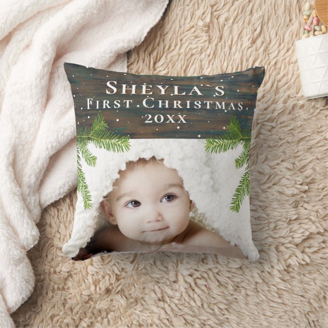 Rustic Wood Baby - Erstes Weihnachtsfest-Foto Kissen (Decke)