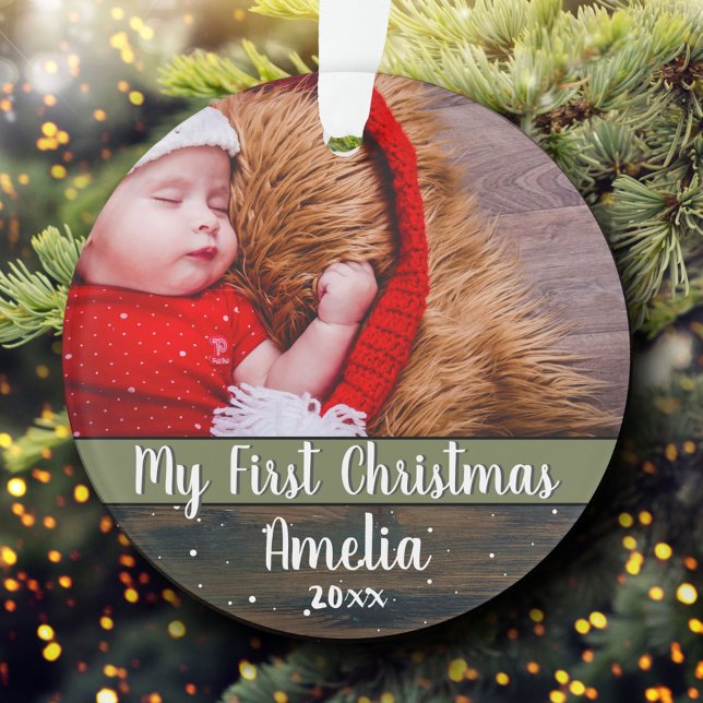 Rustic Wood Baby Mein erstes Weihnachtskind Foto Ornament (Von Creator hochgeladen)