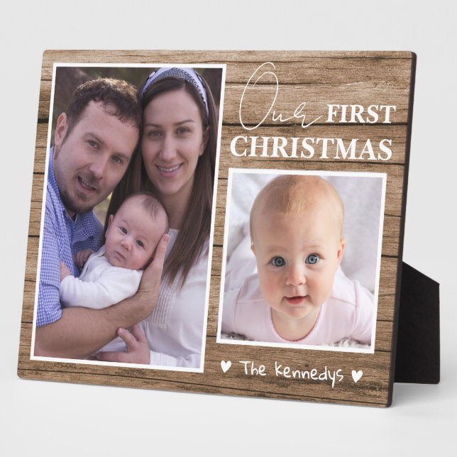Rustic Wood Baby's First Christmas 2 Foto Collage Fotoplatte (Seite)