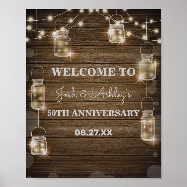 Rustic Wood Background Light Glass Jar Anniversary Poster (Vorne)