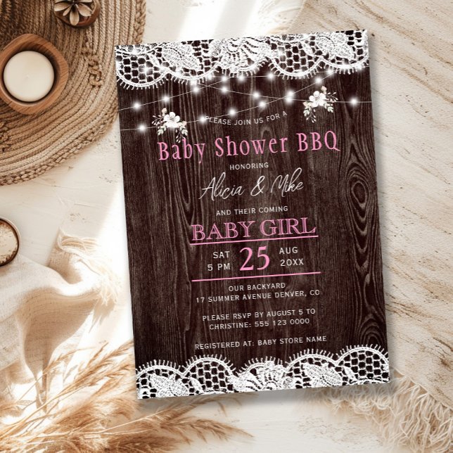 Rustic wood BBQ girl baby shower Einladung (Von Creator hochgeladen)