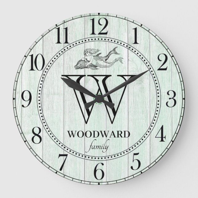 Rustic Wood Beach Lake House Family Name Mermaid Große Wanduhr (Vorderseite)