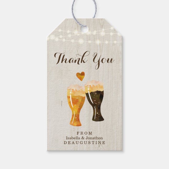 Rustic Wood & Beer Toast Wedding Vielen Dank Geschenkanhänger (Vorderseite)