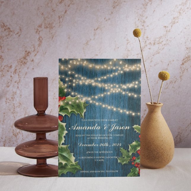 Rustic Wood Berries Weihnachtsfeier Einladung Postkarte (Rustic Wood Berries Christmas wedding Invitation Postcard)