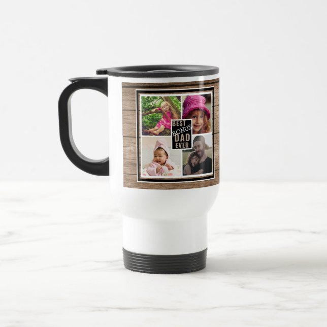 Rustic Wood Best Bonus Vater je 4 Foto Collage Reisebecher (Links)