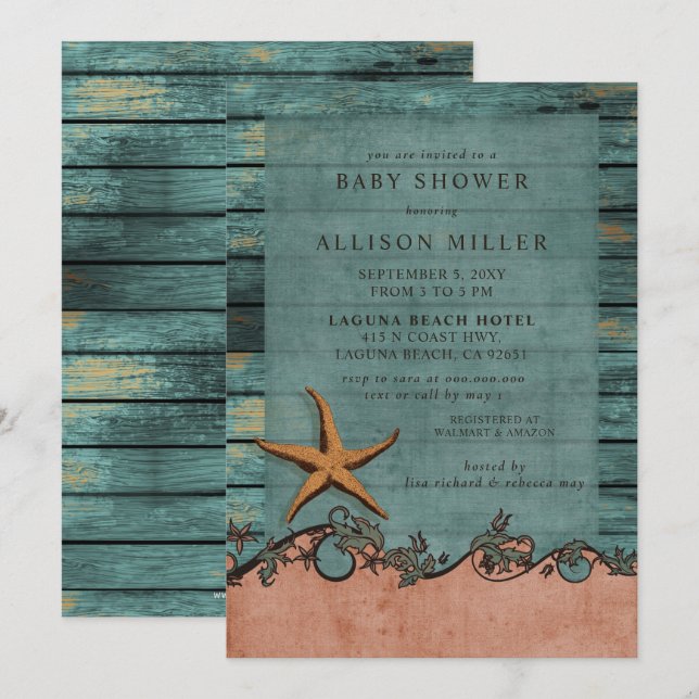 Rustic Wood Blue Coral Starfish Beach Baby Dusche Einladung (Vorne/Hinten)