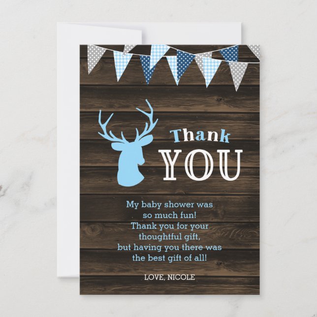 Rustic Wood Blue Deer Baby Dusche Dankeskarte (Vorderseite)