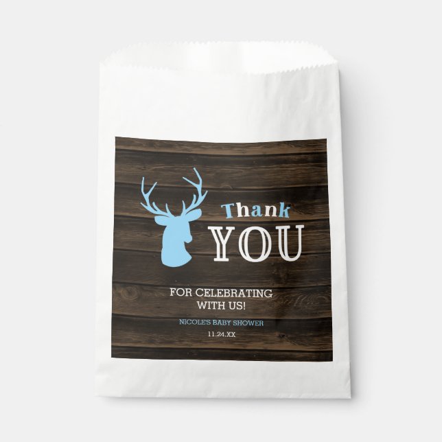 Rustic Wood Blue Deer Boy Baby Dusche Vielen Dank Geschenktütchen (Vorderseite)