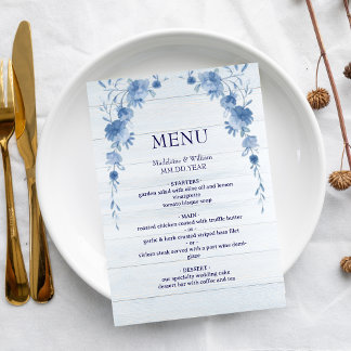 Rustic Wood Blue Floral Elegant Wedding Menu