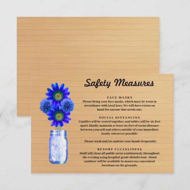 Rustic Wood Blue Floral Mason Jar Sicherheitsmaßna Begleitkarte (Vorne/Hinten)