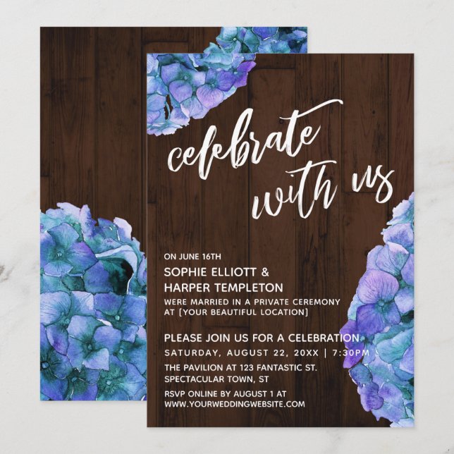 Rustic Wood Blue Hydrangea feiert mit uns Einladung (Vorne/Hinten)