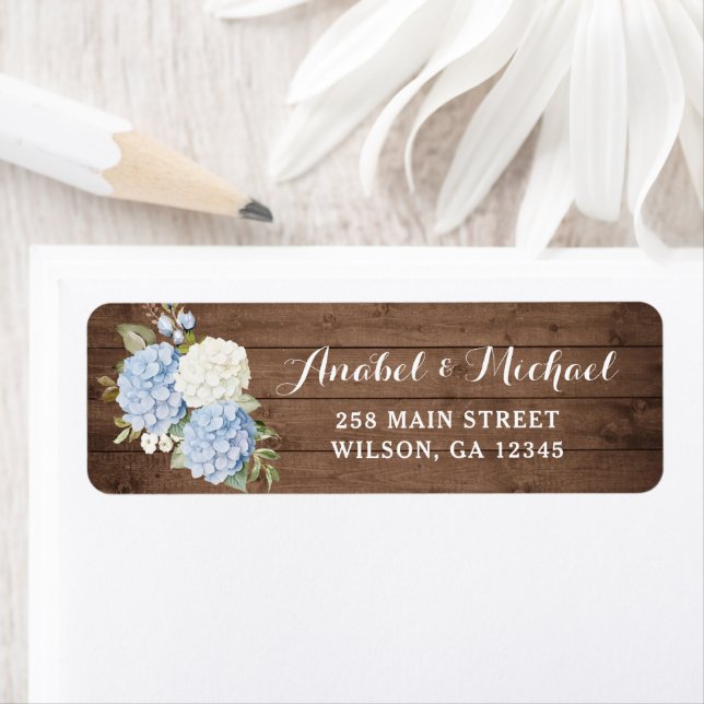 Rustic Wood Blue Hydrangea Rücksendeadresse (Insitu)