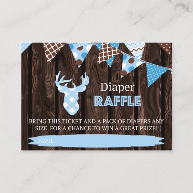 Rustic Wood Blue Kariert Deer Diaper Raffle Ticket Begleitkarte (Vorderseite)