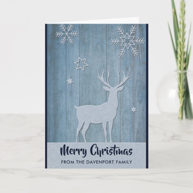 Rustic Wood Blue Rentier Country Weihnachten Karte (Vorderseite)