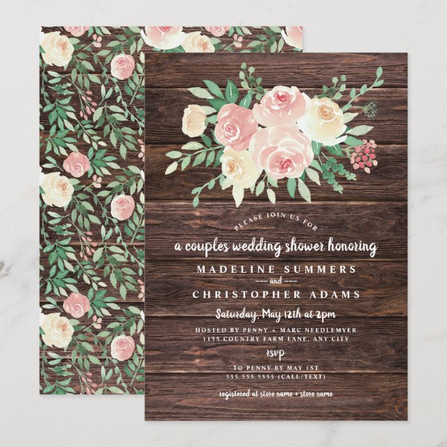 Rustic Wood Blush Floral Paare Polterabend Einladung (Vorne/Hinten)