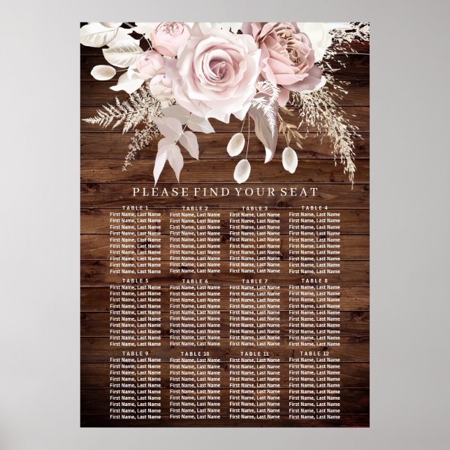 Rustic Wood Blush Floral Wedding Seating Chart Poster (Vorne)