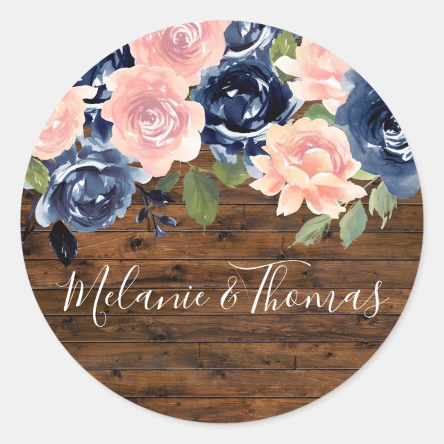 Rustic Wood Blush & Navy Hochzeitsveranstaltung Runder Aufkleber (Vorderseite)