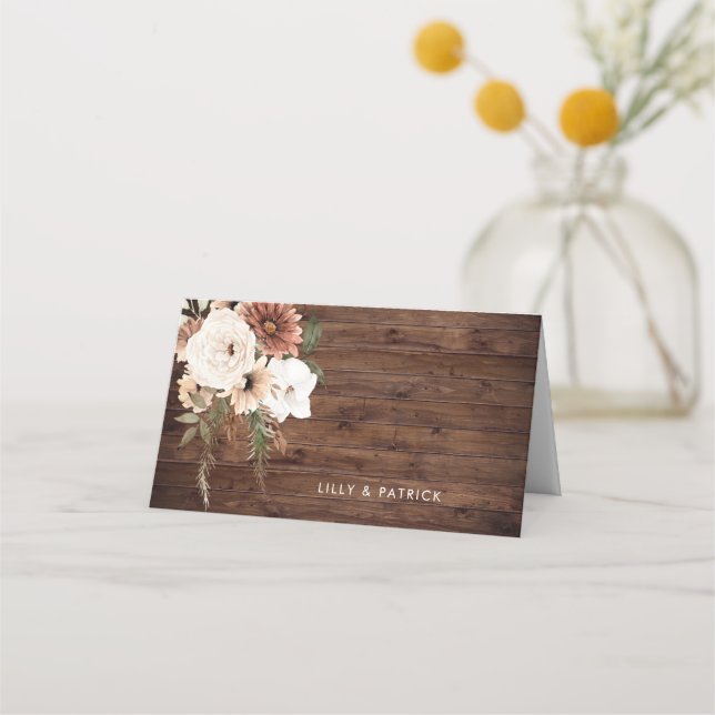 Rustic Wood Boho Floral Terracotta Wedding Platzkarte (Rückseite)